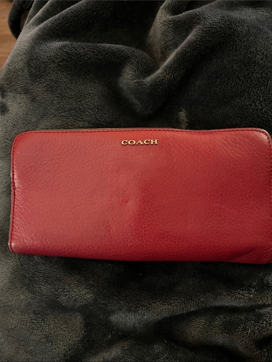 Coach Handbags - COACH Red Pebbled Leather Zip-Around Wallet with Gold Logo